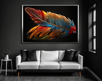 Macaw Feather Art Print, Vibrant Boho Jungle Wall Decor