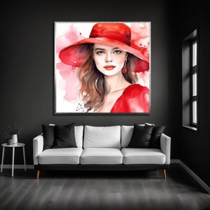 Woman with Red Hat, Lip Woman Poster, Woman in Red Dress Canvas Print, Elegant Woman Canvas Painting, Red Wall Art, Woman Wall Decor
