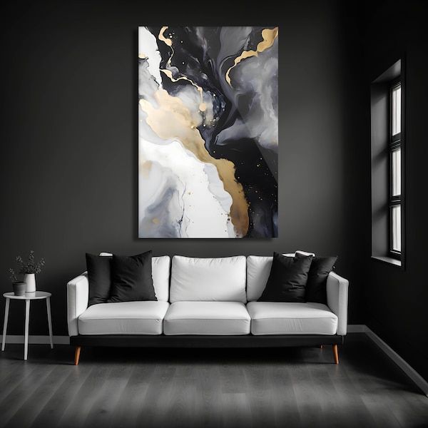 Black gold abstract canvas print, Abstract Luxury wall art, Living Room decor, Oversized Contemporary, Modern Artwork,Landscape Abstract Art