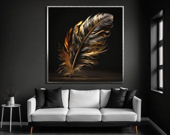Gold Feather Canvas Art Print, Black Accent, Original Artwork