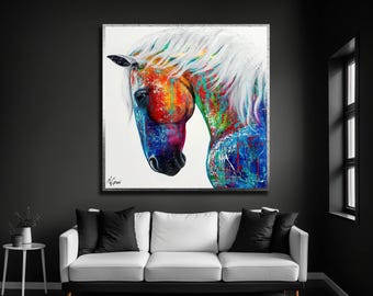 Abstracte canvaskunst paard, kleurrijke aquarelafdruk