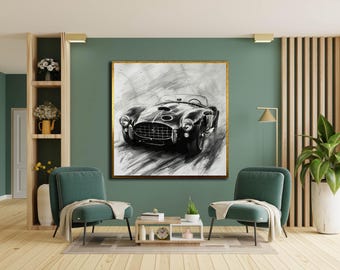 Vintage Sports Car Canvas Print, Black and White Retro Auto Art