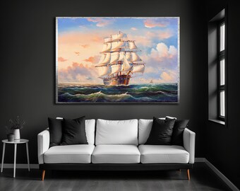 Lienzo impreso con diseño de velero, arte mural moderno con temática de barco pirata.