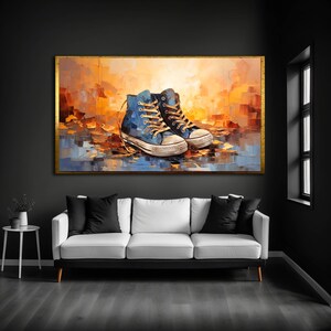 Textured Oil Painting Sneakers, Autumn Wall Art with Gold Leaf Tones, Modern Canvas for Trendy Home or Teen Bedroom