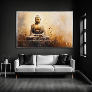 Serene Buddha Meditation Wall Art, Abstract Zen Painting, Spiritual Decor, Golden Grunge Background, Mindfulness Artwork Print