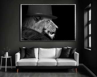 Lion Portrait Canvas Print, Black and White Animal Painting