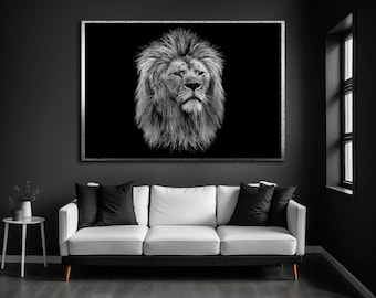 Lion Black and White Canvas Print, Majestic Animal Wall Art