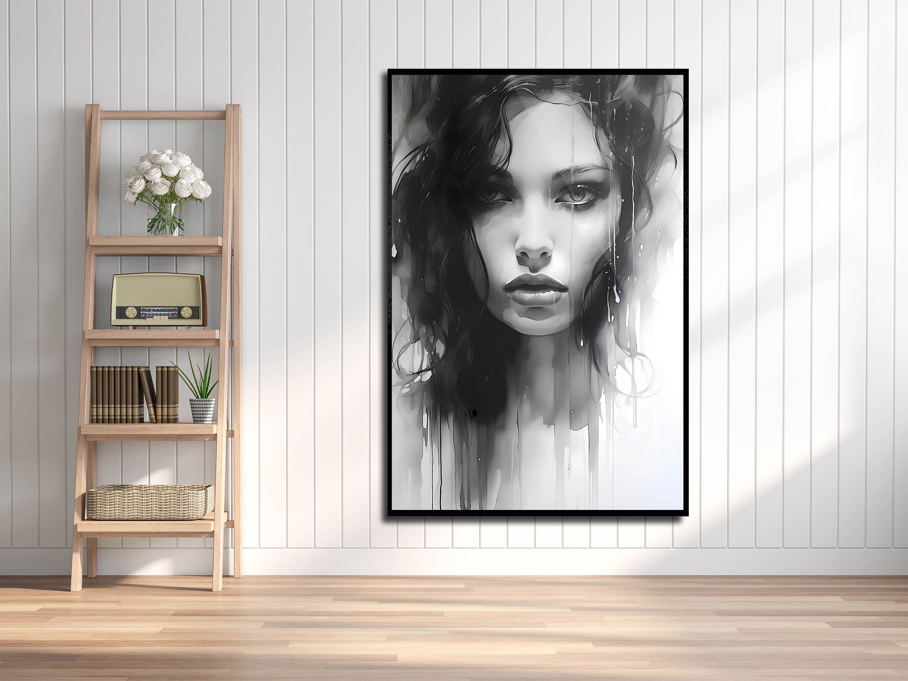 Abstract Black and White Woman Face Painting, Textured Modern Wall Art ...