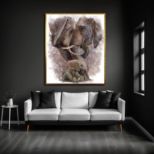 Family Elephant Print Wall Art, Elephant Framed Canvas Wall Art, Animal Canvas Wall Art, Home Gift Decor, Animal Wall Art for Home Decor