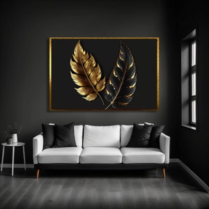 Gouden veren Art Print, gouden en zwarte veren, mooie veren muurkunst, woonkamer decor, afdrukbare kunst, lijstkunst, woonkamerkunst