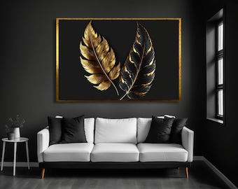 Gold Feather Art Print, Gold and Black Feathers, Beatiful Feather Wall Art, Living Room Decor, Printable Art, Frame art, Living room art