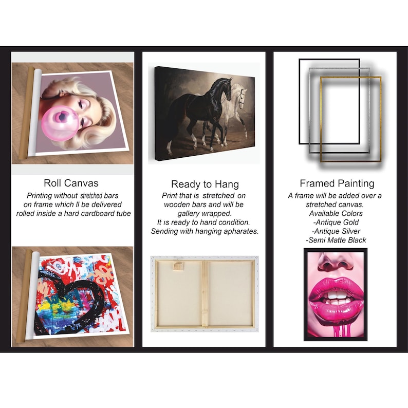 An informational chart detailing three canvas product options: roll canvas, ready to hang, and framed painting.