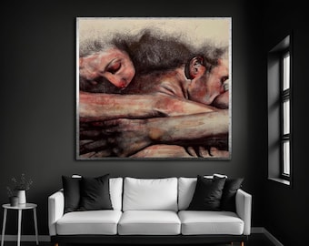Intimate Embrace Art, Raw Couples Drawing, Romantic Mixed Media Print