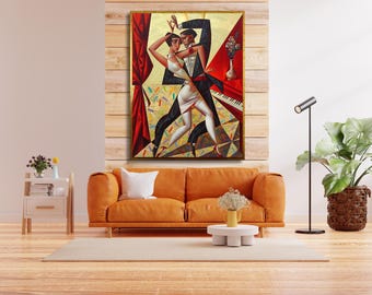 Puede incluir: Una impresión de arte mural rectangular que presenta una pintura estilizada de dos figuras bailando tango. La escena incluye a una persona con vestido blanco y otra con esmoquin negro, sobre un fondo de cortinas rojas, un piano y un florero.
