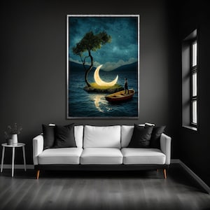 Abstract Moon and Sea Canvas Art: Modern Night Sky Painting