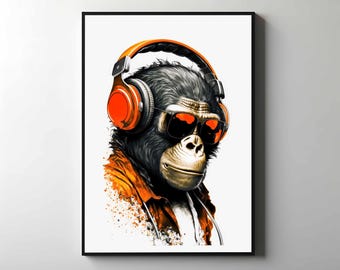 Colorful Gorilla Canvas Art, Graffiti Monkey with Headphones