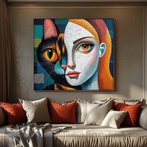 Mosaik Kunstdruck: Katze und Frau Split Face Portrait