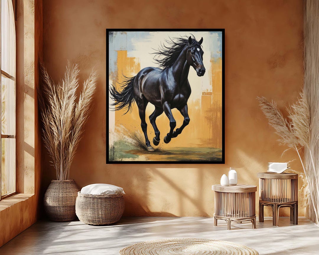 Dynamic Black Horse Painting - Galloping Stallion Abstract Art Print - Etsy
