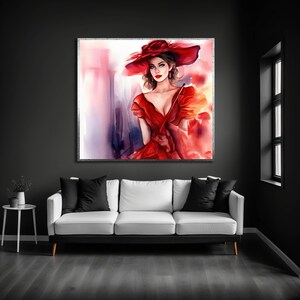 Red Hat Woman Painting, Fashion Girl Canvas Print, Beautiful Woman Wall Art, Modern Girl Canvas Painting, Red Hat Wall Art, Gift For Him