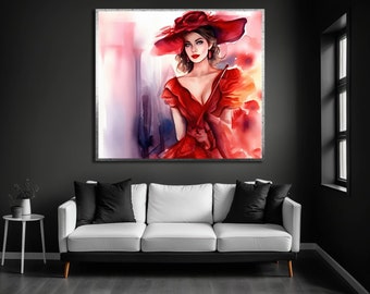 Red Hat Woman Painting, Fashion Girl Canvas Print, Beautiful Woman Wall Art, Modern Girl Canvas Painting, Red Hat Wall Art, Gift For Him