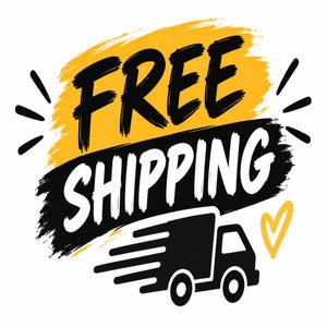 A graphic with the text Free Shipping in black and white lettering over a yellow brushstroke background, accompanied by a small black delivery truck and a yellow heart outline.
