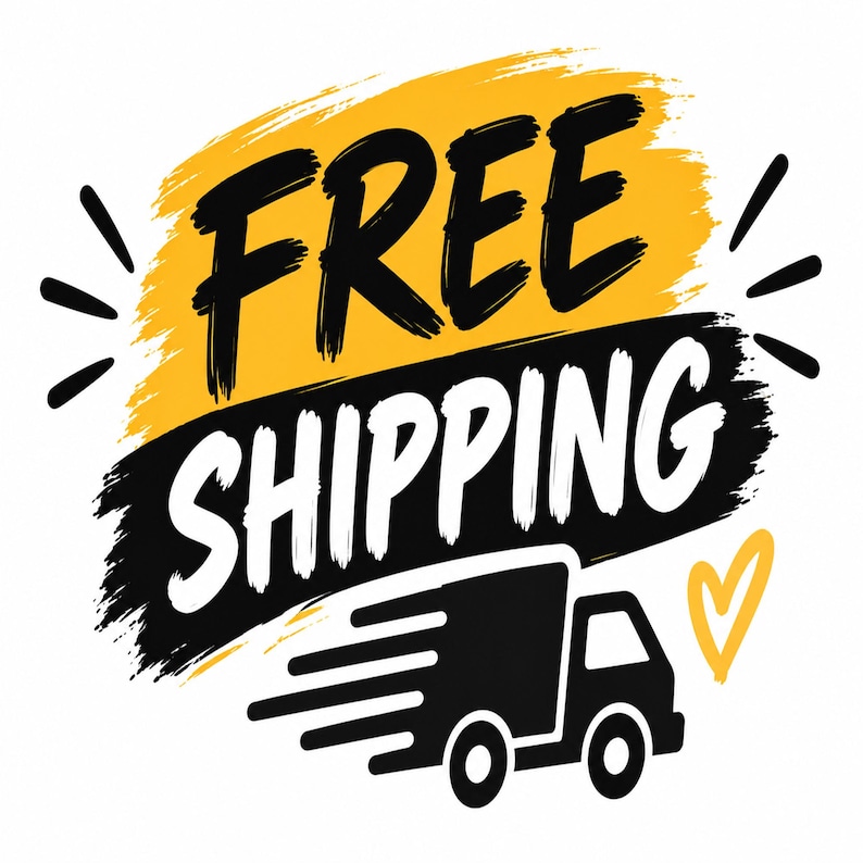 A graphic with the text Free Shipping in black and white lettering over a yellow brushstroke background, accompanied by a small black delivery truck and a yellow heart outline.