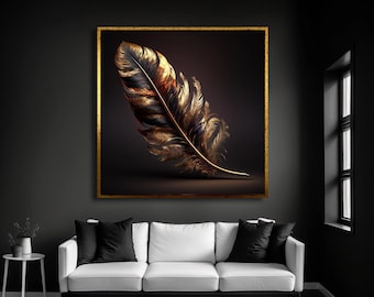 Gold Feather Canvas Art Print, Colorful Wall Decor, Ready to Hang