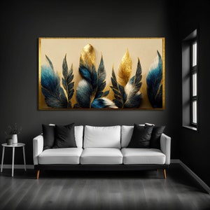 Gold & Blue Glitter Feather Canvas Art - Modern Floral Painting