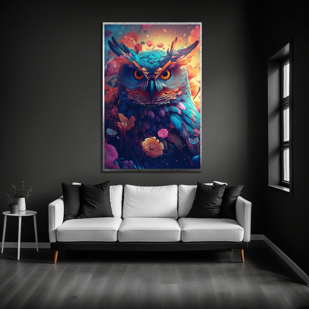 Owl Colour Print Wall Art, Animal Poster, Colour Owl Canvas Painting ...