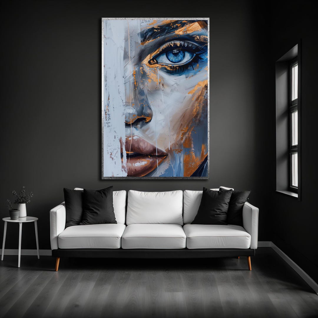 Abstract Woman Face Canvas Wall Art, Modern Grey Gold Blue Painting ...