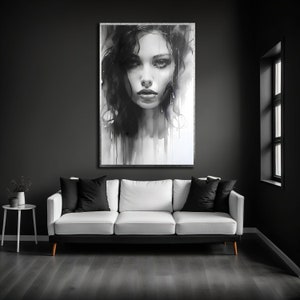 Abstract Black and White Woman Face Painting: Textured Modern Wall Art