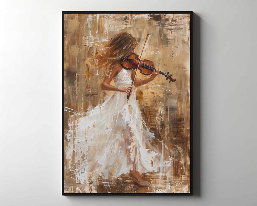 Abstract Violinist Canvas Wall Art - Woman in White Dress Oil Painting ...