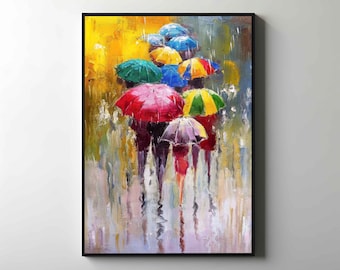 Colorful Umbrella Canvas Art, Modern Oil Painting Style Wall Decor