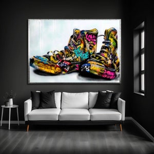 Banksy Sneaker Canvas Art: Colorful Graffiti Pop Street Art
