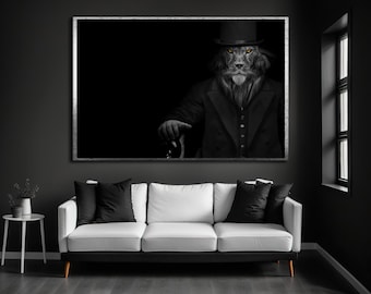 Retrato de león en blanco y negro sobre lienzo