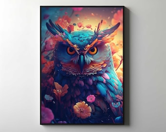 Colorful Owl Canvas Print, Modern Animal Wall Art