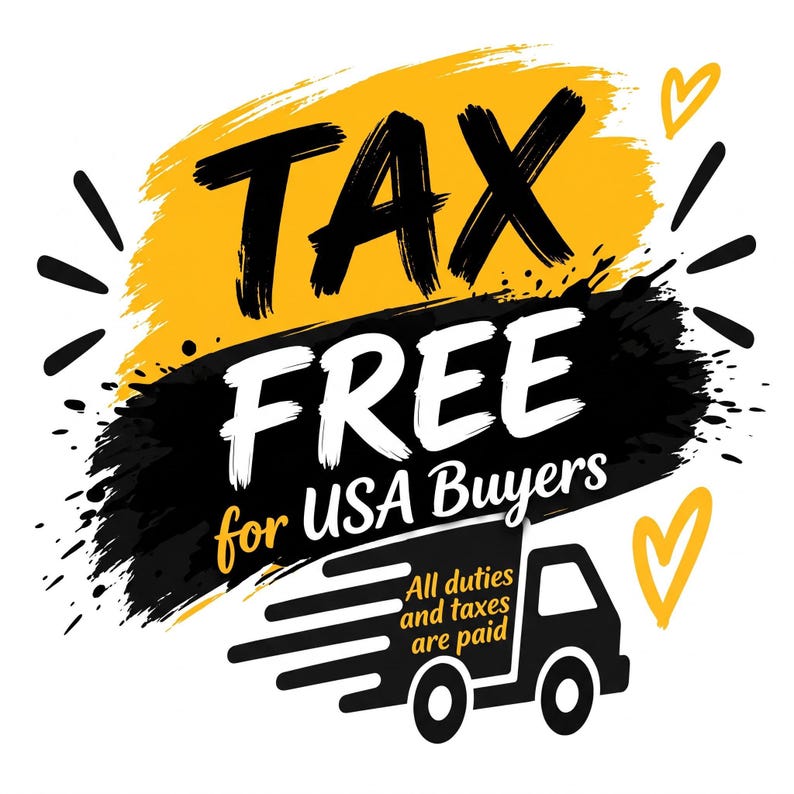 A promotional graphic reading Tax Free for USA Buyers with a black delivery truck illustration against yellow and black brush strokes and heart outlines.