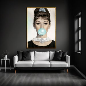 Audrey Hepburn Blue Bubble Gum Canvas Printing, Audrey Hepburn Print on Canvas, Poster wall art prints for living room, Ready to hang