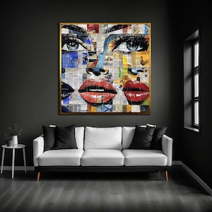 Colorful Pop Art Woman Face Canvas Print: Modern Mixed Media Collage