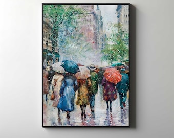 雨の夜のアクリル画：都市風景の傘アート（16x20） - Etsy 日本