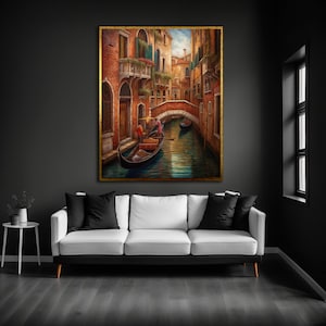 Venice Canal Gondola Painting: Italian Architecture, Handcrafted Oil Texture