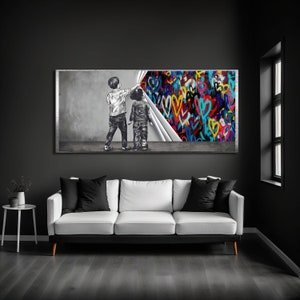 Banksy Style Graffiti Art, Behind the Curtain, Canvas Print