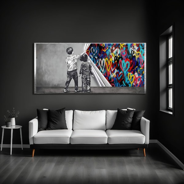 Banksy Style Graffiti Art, Behind the Curtain, Canvas Print