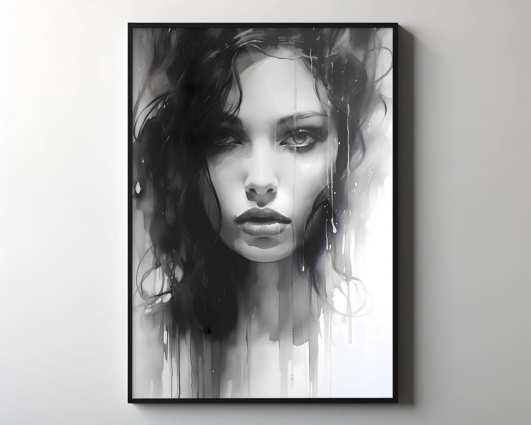 Abstract Black and White Woman Face Painting, Textured Modern Wall Art ...