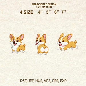 Pode incluir: Design de bordado para máquina com três cães corgi de desenho animado em várias poses. Disponível em quatro tamanhos: 4", 5", 6" e 7" (10,16 cm, 12,7 cm, 15,24 cm e 17,78 cm). Formatos de arquivo compatíveis: DST, JEF, HUS, VP3, PES e EXP.