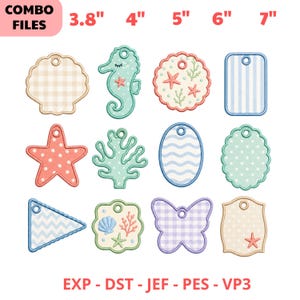 ITH Ocean Bag Tag Machine Embroidery, Summer Sea Applique, Seahorse Shell Star Coral Pattern, Kids Name Tag Design, Instant Digital File