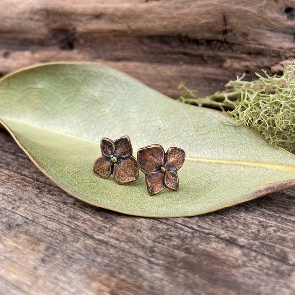 Hydrangea Stud Earrings  *  Lost Wax Casting of Flower Blossom  "  Metalsmith Jewelry. *  Bronze Botanical