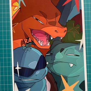 May include: A digital illustration of three cartoon characters. The characters are a red, orange, and yellow dragon, a blue turtle, and a green frog. The dragon is in the background and has its mouth open. The turtle is in the middle and has a serious expression. The frog is in the foreground and has a surprised expression. The characters are surrounded by yellow stars.