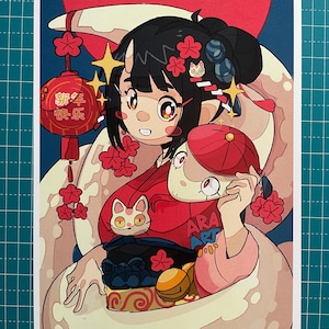 Stampa Capodanno cinese 2025 | Ragazza con serpente | Stile kawaii | Illustrazione Fanart | Celebrando l'anno del serpente