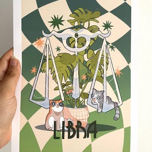 Print Original Cozy Ilustración de Libra | Arte Astrológico para Amantes de los Gatos Decoración Vintage y aesthetic